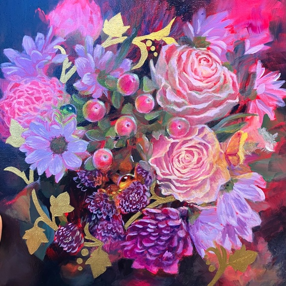 Flowers bouquet original painting floral art surreal gold accents realism EAE US